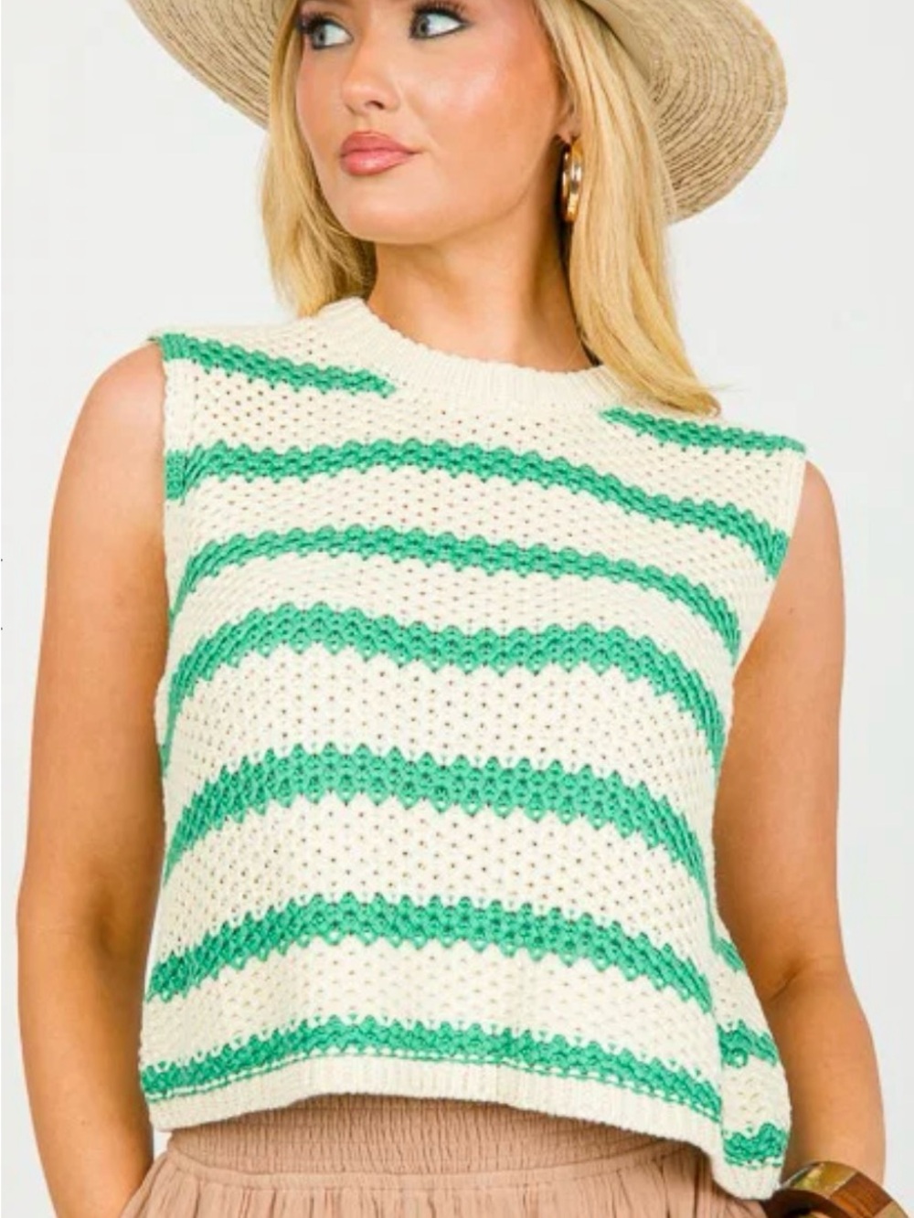 La Miel Green and White Striped  Chunky Knit Sweater Vest, Size Large